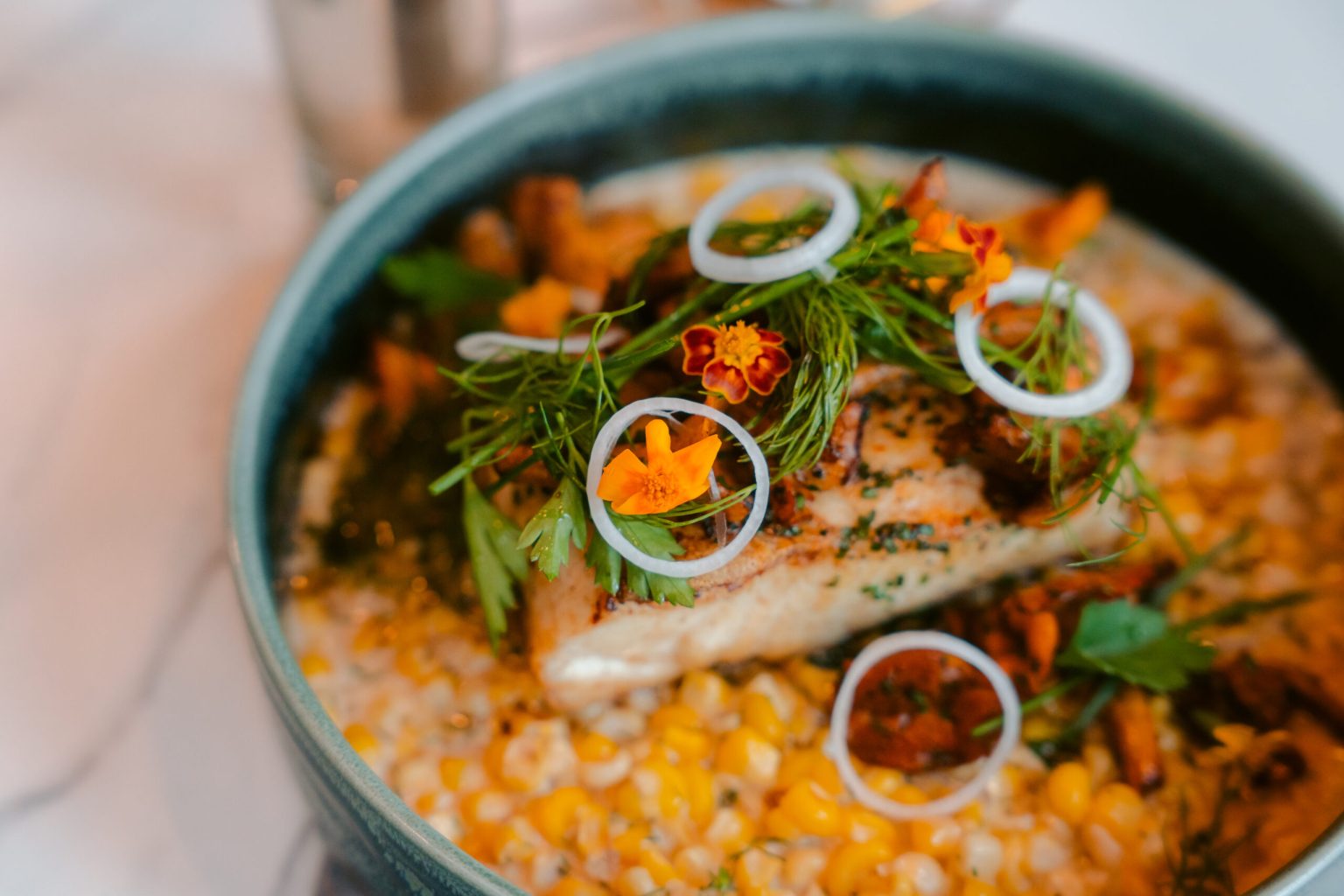 Tightly cropped view of a gourmet soup