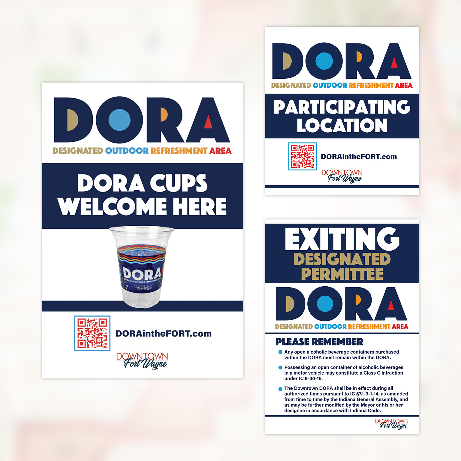Three DORA signage pieces for welcoming, participating, and exiting the area